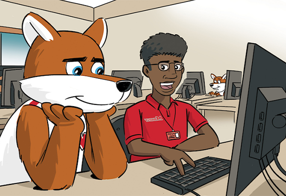 狐狸弗兰基在电脑前的卡通形象
